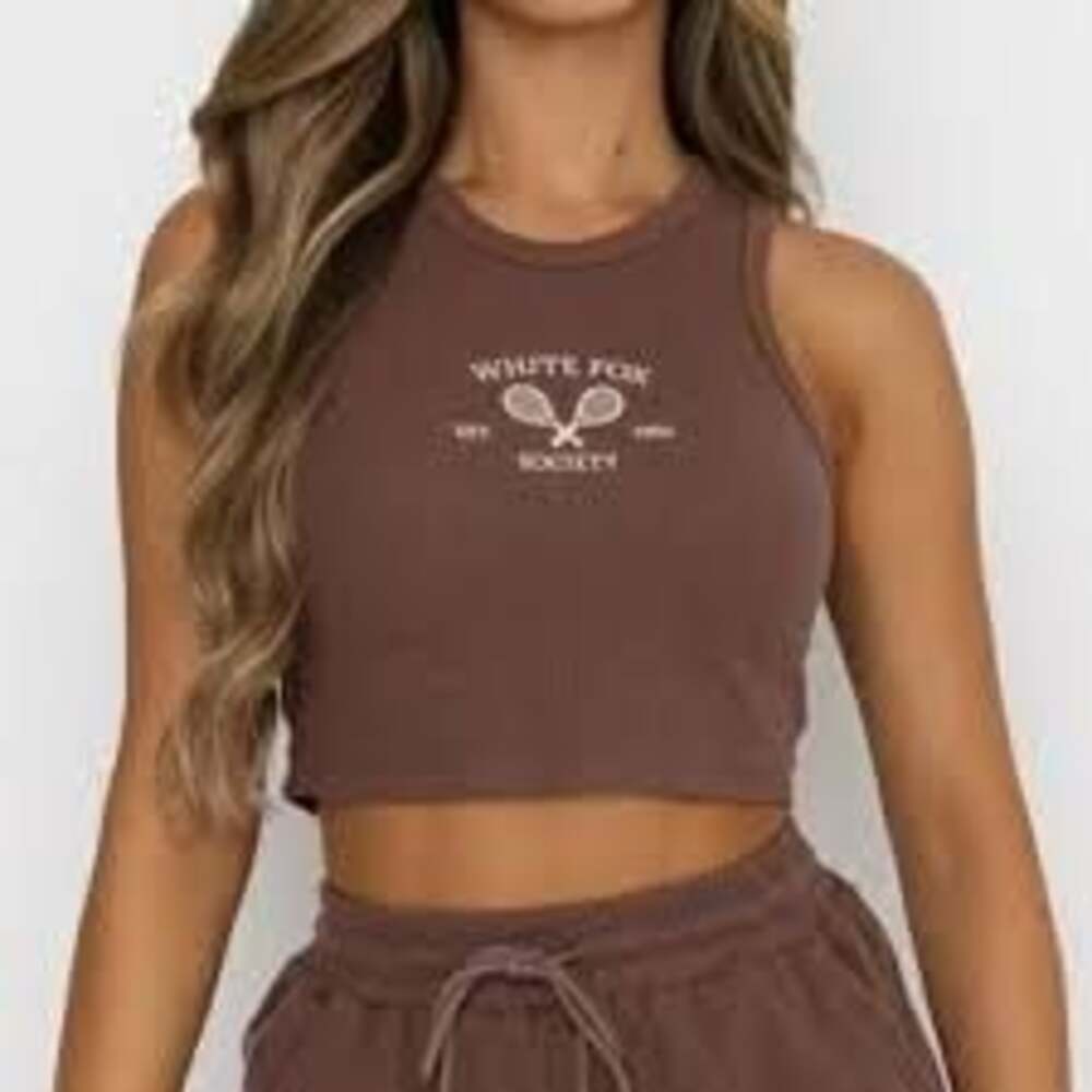 White Fox Brown Waffle Knit White Fox Society Crop Tank Top Size M